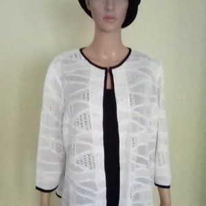 Ming Wang Off- White Lace With Black Trim Acrylic Polyester Jacket Large